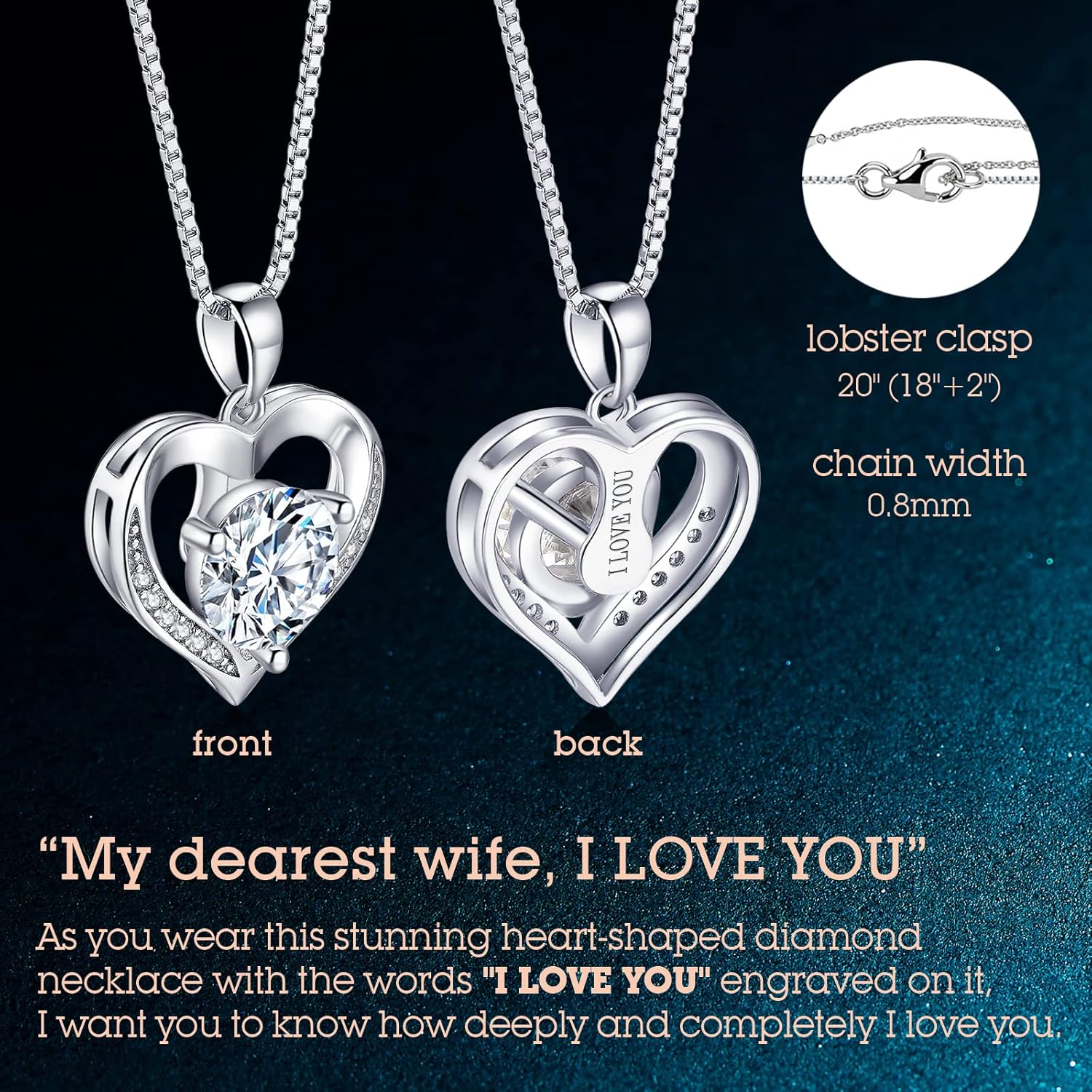 Heartfelt Silver Moissanite Necklace Engraved 'I LOVE YOU