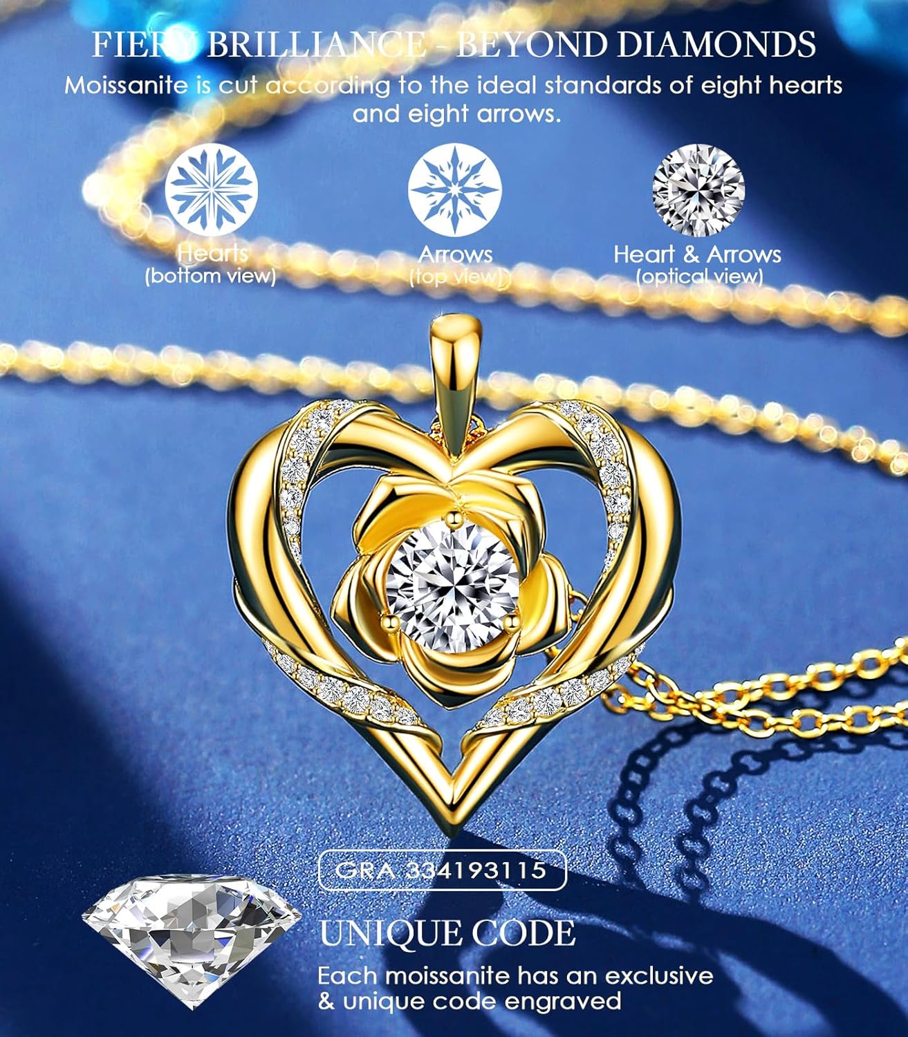 Heart Moissanite Necklace S925 Silver Pendant for Women, 18K Gold Plated