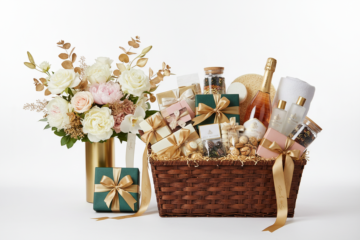 basket full of gifts and flowers on the side elegant looking