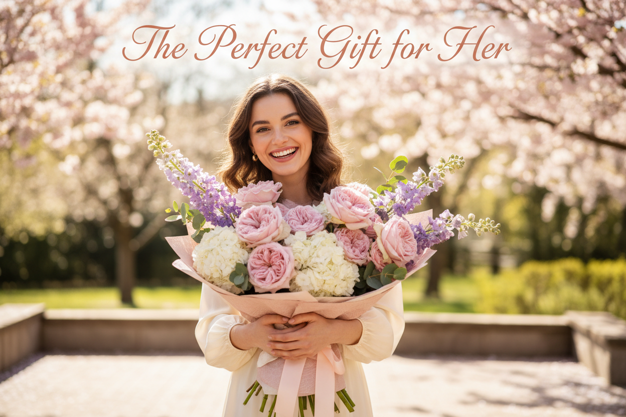 happy girl holding flowers and a writing saying the perfect gift for her