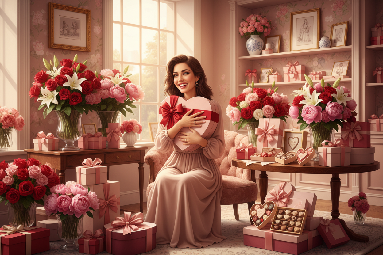 women receiving gifts for valentines looking happy